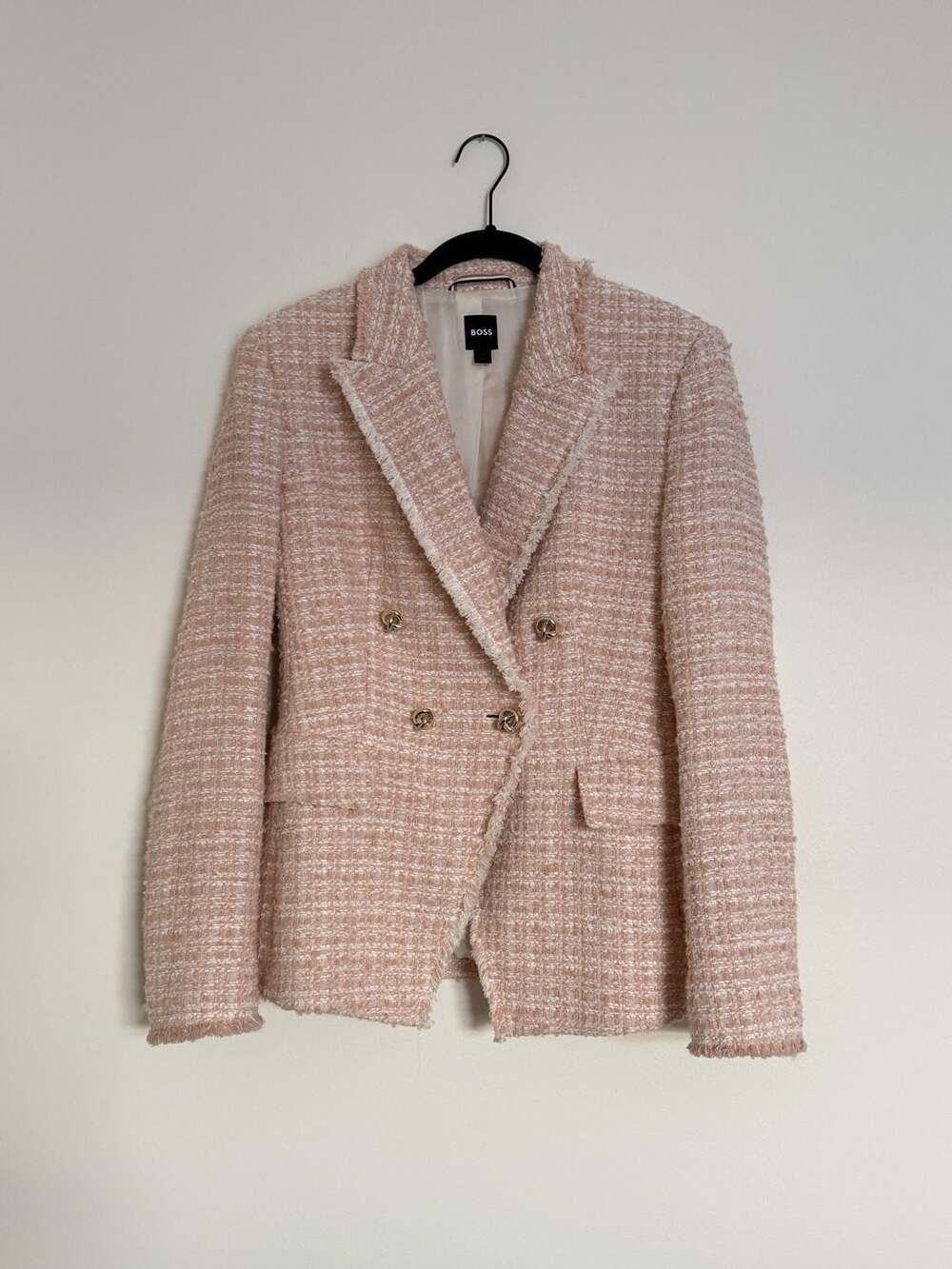 BOSS Slim-Fit Double-Breasted pink Blazer in Summery Tweed Sz 4